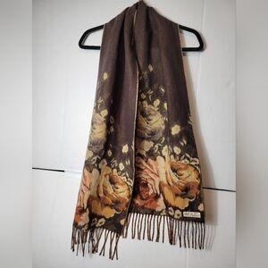 Elegant Brown Floral Fringe Scarf - Unbranded